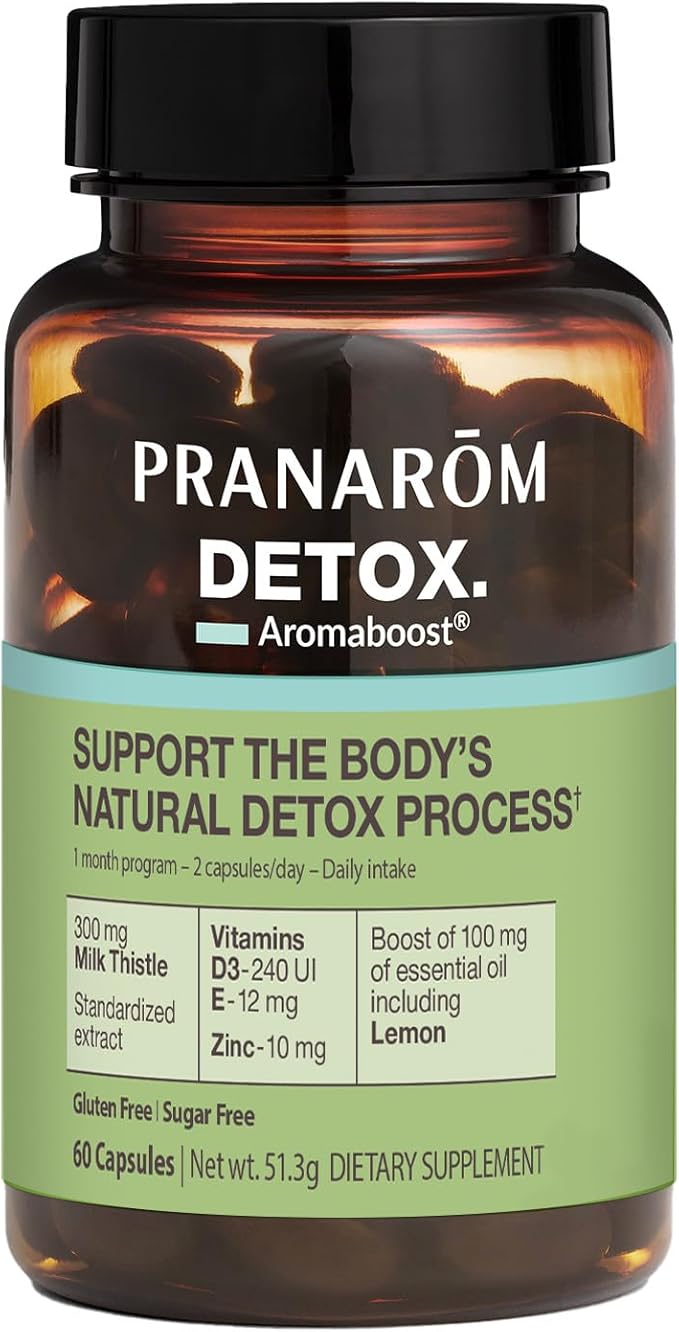 Pranarom - Aromaboost Detox Herbal Supplement - Eliminates Toxins and Drains The Body - Milk Thistle and Zinc - Vitamins D3 and E - Lemon Essential Oil - 60 Count