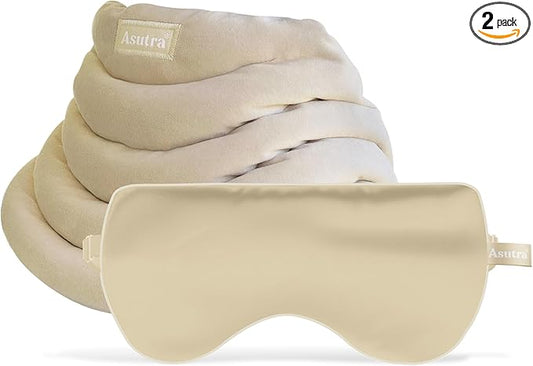 ASUTRA Champagne Gold Silk Eye Pillow and Weighted Neck Wrap Bundle Set, 2 Products - Weighted Eye Mask Filled w/Lavender & Flax Seeds, Hands-Free Microwaveable Heat Pad and Cooling Neck Wrap