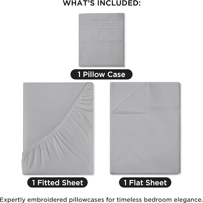 ROYALE LINENS 3 Piece Twin Sheets Set - Soft Brushed 1800 Microfiber Bedding - 1 Fitted and 1 Flat Sheet, 1 Pillow case - Wrinkle Free & Fade Resistant - Hotel Luxury Bed Sheets Set (Silver, Twin)