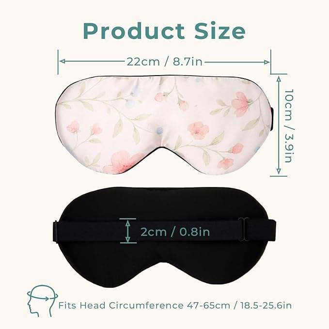 Silk Sleep Mask with 100% Mulberry Silk Inner Layer, Adjustable Strap Eye Mask for Women & Men, Sleep Mask Blackout for Night Sleeping and Daytime Travel (Pink Flower)