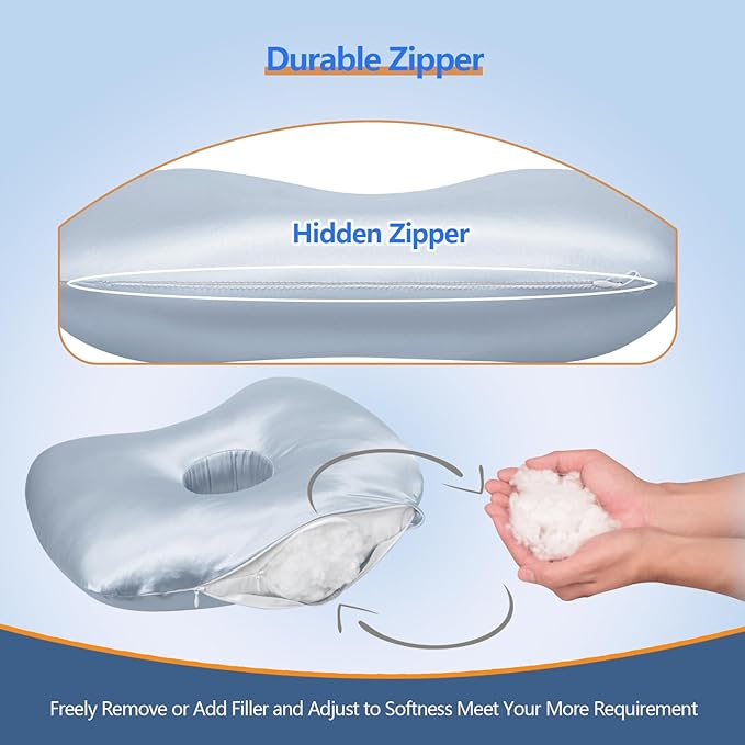 Ear Piercing Hole Pillows Side Sleeper Pillow with an Ear Hole for CNH Side Sleepers and Ear Inflammation Pressure Sores, Adjustable Cotton and Polyester Curved Side Pillow, Light Blue Silk