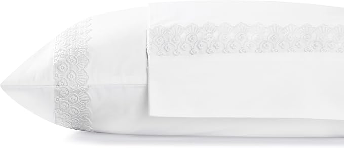 Linen Home 100% Cotton Percale Floral Scallop Lace Pillowcases King Size, White, 2 Pieces of Pillow Case, Crisp and Cool Strong Bed Linen, 20 inches X 40 inches
