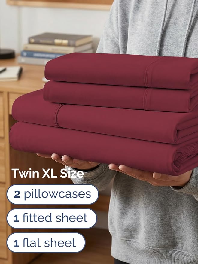 Extra Deep Twin XL Sheet Set - 4 Piece Breathable and Cooling Sheets - Hotel Luxury Bedding for Women, Men, Kids & Teens - Easy Secure Fit - Soft, Wrinkle Free & Comfy - Extra Deep Pockets - Burgundy