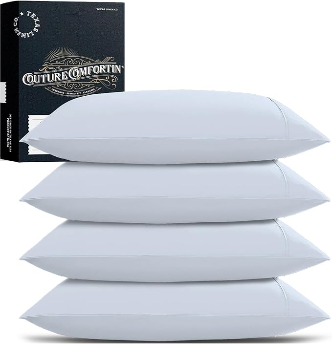 TEXAS LINEN CO. 100% Egyptian Cotton Standard/Queen Size Pillow Cases Set of 4 - Luxury 1500 Series Couture Comfortin' Collection Cotton Pillowcases (2 Pair, Light Blue), Sateen Pillow Covers