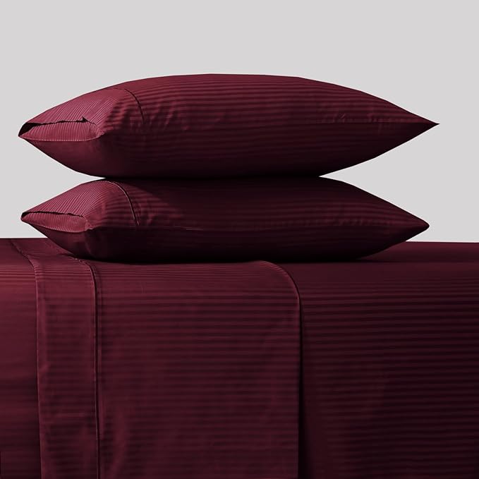 Feather & Stitch 500 TC Twin Size Damask Bed Sheet Set, 100% Cotton Soft Breathable Bedsheets, 3 Piece 18" Deep Pockets Sateen Weave Striped Bedding Mattress Resort Hotel Luxury- (Burgundy Stripe)