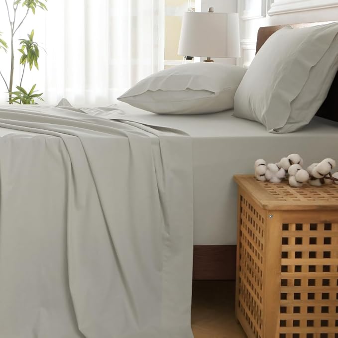 HYPREST 100% Cotton Percale Sheets King Size - 18-24 Extra Deep Pocket Bed Sheet Set King, Crisp & Breathable Cooling Bedding (Greige, King)