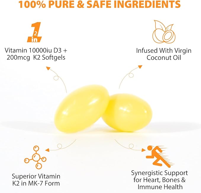 flasture Vitamin D3 K2 Supplement Softgels, 10000 IU VIT D3 + 200 MCG K2 (MK-7) | 2-in-1 Replenish Formula with Coconut Oil, Supports in Calcium Absorption, Easy to Swallow 120 Capsules.