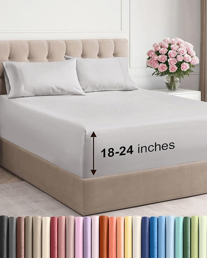 Extra Deep Cal King Sheet Set - 4 Piece Breathable & Cooling Bed Sheets - Easily Fits 18 - 24 inch Mattress - Ultra Soft, Wrinkle & Fade Free w/ Extra Deep Pockets - Hotel Luxury Bedding - French Grey