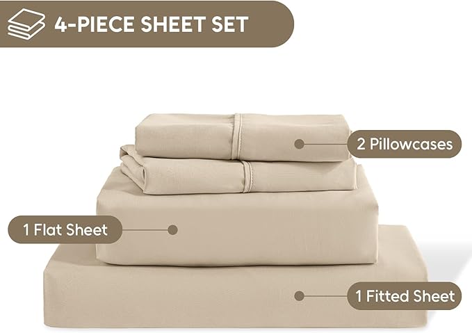 Full Size Bed Sheets Set, 4 Pieces Hotel Luxury Soft Microfiber Bed Sheets Set, Up to 16" Deep Pockets, Oeko-Tex Sheets with Elastic, Breathable, Wrinkle Free (Beige, Full)