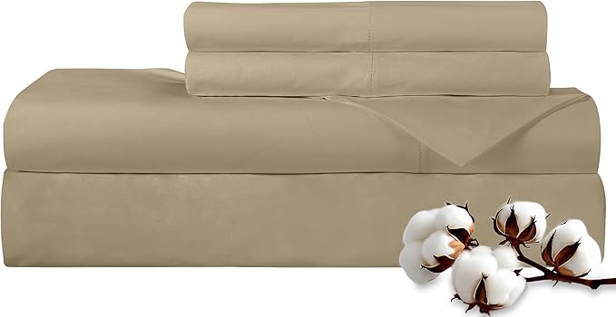 ROYALE LINENS 300 Thread Count 100% Long Staple Combed Cotton Sheet Set - 4 Piece King Bed Sheets - 1 Fitted, 1 Flat & 2 Pillow Cases - Soft Cool & Crisp Sheet Set (King, Beige)