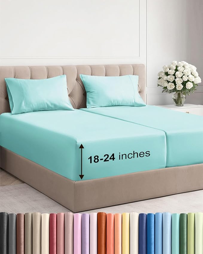 Extra Deep Split King Sheet Set - 5 Piece Breathable & Cooling Bed Sheets - Easily Fits 18 to 24 inch Mattress - Ultra Soft, Wrinkle & Fade Free w/ Extra Deep Pockets - Hotel Luxury Bedding - Spa Blue