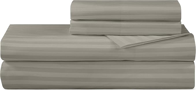 ROYALE LINENS 300 Thread Count 100% Long Staple Combed Cotton Striped Sheet Set - 3 Piece Twin Bed Sheets - 1 Fitted, 1 Flat & Pillow case -Soft Cool & Crisp Sheet Set (Twin, Stripe Silver)