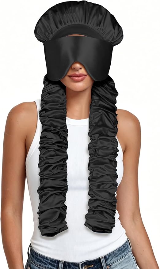 Satin Bonnet for Sleeping with Eye Mask，No Slip Sleep Bonnet with Long Curling Ribbons for Braids & Long Hair