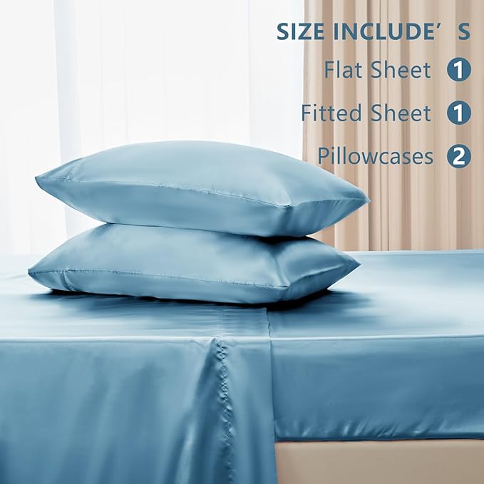 CozyLux Satin Sheets Queen Size Bed Set - 4 Piece Silky Queen Sheet Set, Luxury Sky Blue Queen Sheets with Smooth and Soft Microfiber, Includes 1 Fitted Sheet, 1 Flat Sheet and 2 Pillowcases