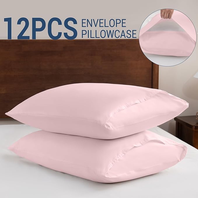 Pillowcases Queen 12 Pack, 20x30 Pillow Cases with Envelope Closure, Soft Plain Brushed Microfiber Covers Breathable Wrinkle-Resistant, Pink