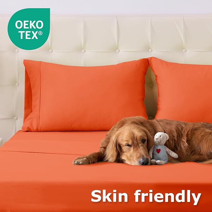 Twin XL Size Bed Sheet Set - 3 Piece Soft Microfiber Sheets with Deep Pockets, Cooling Technology, and Wrinkle-Free Pillowcase. Hotel-Quality, Durable Bedding, Bright Orange
