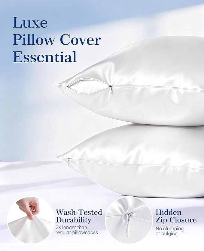 Elegear Cooling Pillow Cases Set of 2 for Hot Sleepers, Softer Than Silk Pillow Cases for Hair & Skin, Upgraded Arc-Chill Cooling Satin Pillowcases Q-max>0.5, Luxury Zipper Pillowcase Cover-King,White