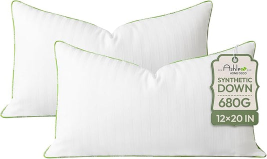 Ashler Home Deco Synthetic Down Pillow Inserts, 12x20 Down Alternative Throw Pillows Insert Sleeping Pillows with 100% Cotton Cover Decorative Pillow Stuffer for Sofa, Couch Bed(Set of 2, White)