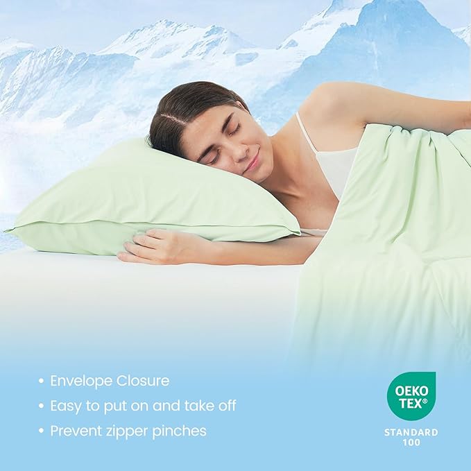 Cozy Bliss Cooling Pillow Cases for Hot Sleepers, Q-Max>0.45, Standard Size Set of 2, Soft & Silky Pillow Covers with Envelope Closure,Gift, Green, 20x26 Inches