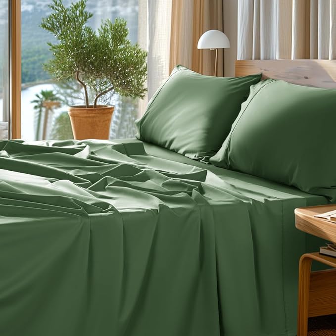 SONORO KATE 100% Egyptian Cotton Sheets Set - 1000 High Thread Count, Luxury 5-Star Hotel Sateen Bed Sheets, Soft, Breathable Long Staple Sheets, Fit up to 16" - 4 PC (Olive Green,King)