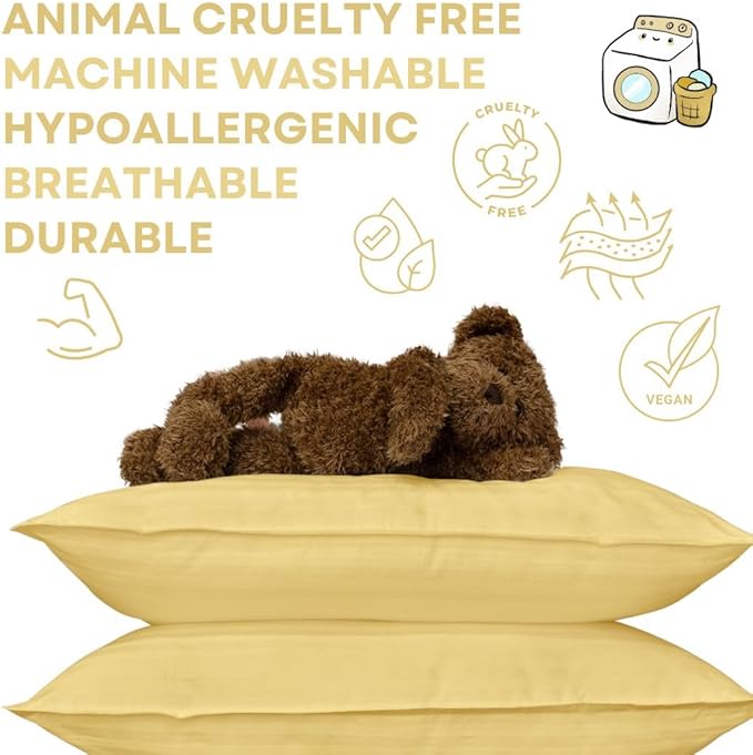 kinder Fluff Pre-Teen Pillow 2X–Certified Hypoallergenic Award Winning Youth Pillow (no Pillowcase Needed) 300TC Pure Cotton Shell and Down Alternative Fill. Toddler Bedding Kids Pillow 12+ Yellow