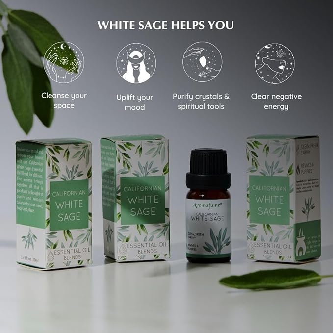 Californian White Sage Essential Oil Diffuser Blend by Aromafume | 3x10ml/0.33 fl oz | Aromatherapy Oil for Cleansing Negative Energy & Protection | Ethically sourced | Sage Oil for Smokeless Smudging