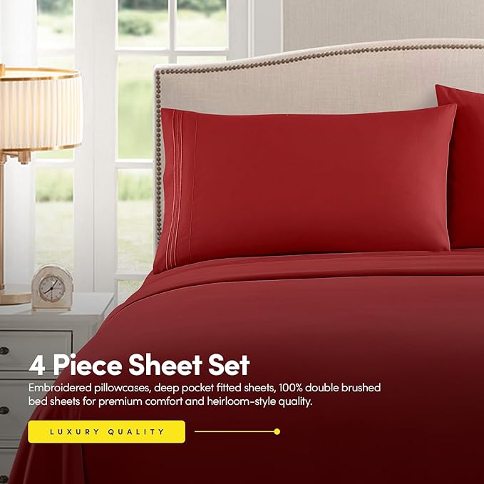 1500 Supreme Collection Bed Sheet Set - Extra Soft, Elastic Corner Straps, Deep Pockets, Wrinkle & Fade Resistant Hypoallergenic Sheets Set, Luxury Hotel Bedding, Queen, Red