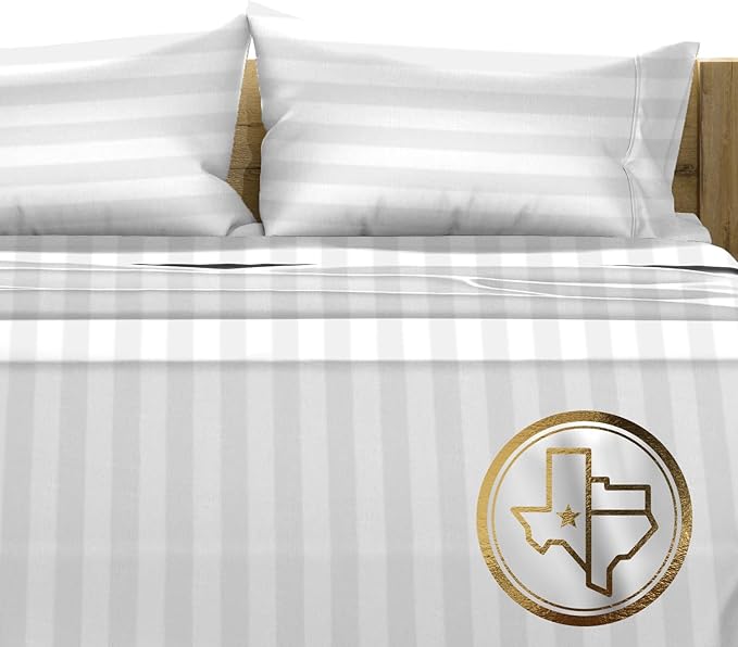 TEXAS LINEN CO. 100% Egyptian Cotton Queen Sheets Set - Luxury 1500 Series Couture Comfortin' Damask Egyptian Cotton Sheets Queen Size Bed Set (4 PC, White Stripe), 17" Deep Pocket, Hotel Bedding Set