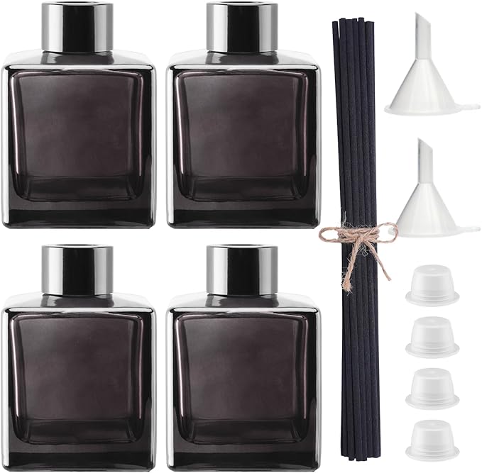 4PCS Empty Glass Diffuser Bottles,150ML/5.29Oz Anthracite Gray Refillable Fragrance Set with 20pcs Reeds Sticks & Black Caps & stoppers & Funnels for DIY Essential Oil