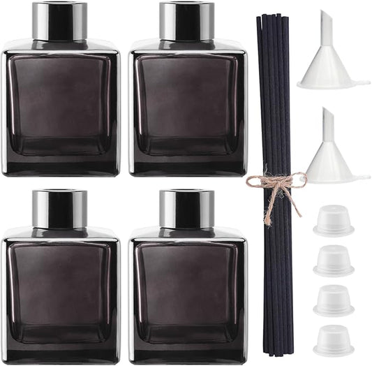 4PCS Empty Glass Diffuser Bottles,150ML/5.29Oz Anthracite Gray Refillable Fragrance Set with 20pcs Reeds Sticks & Black Caps & stoppers & Funnels for DIY Essential Oil