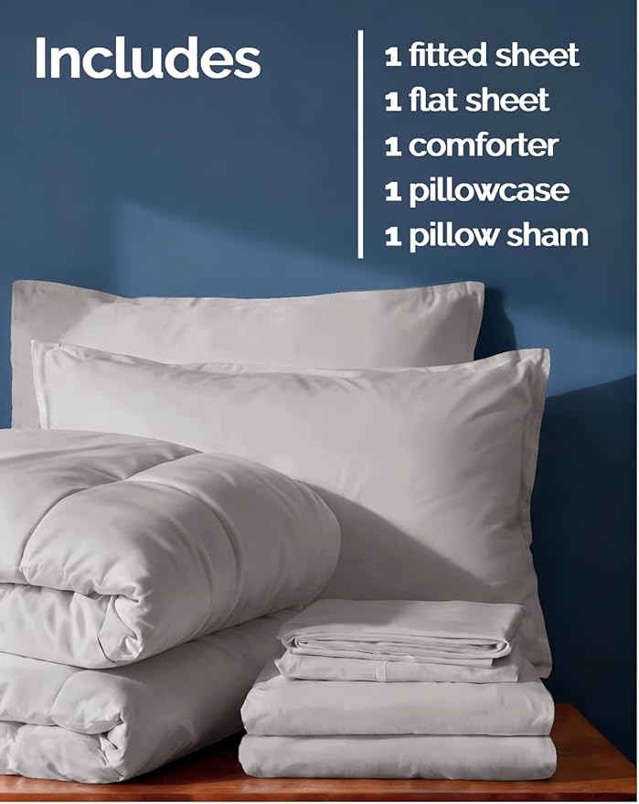 Twin Comforter Set - 5 Piece Bed in a Bag Twin Size Bed Set - Down Alternative Comforter, Flat Sheet, Fitted Sheet, Pillowcase & Sham for All Seasons - Ultra Soft, Comfy and Breathable - Light Grey