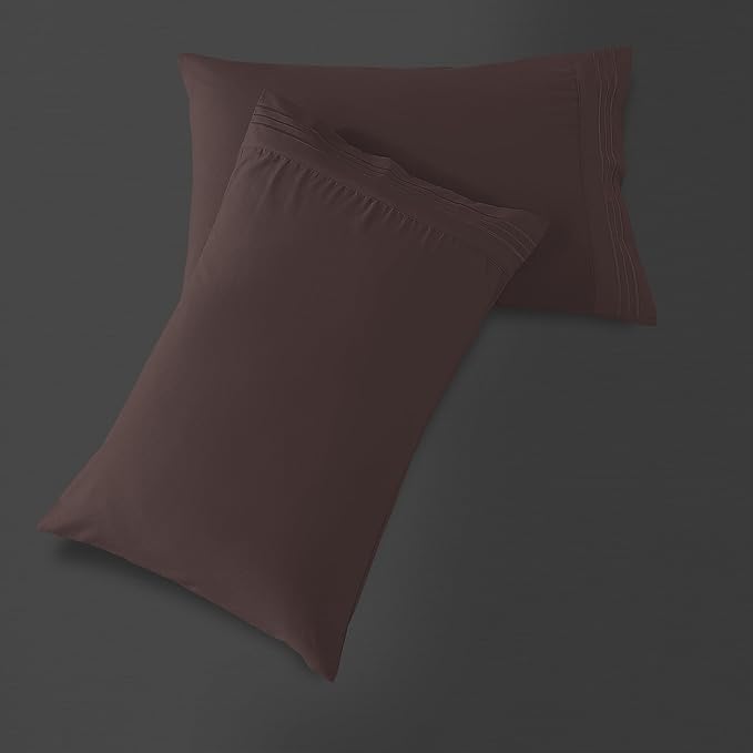 Mocassi 2-Piece Premium Standard/Queen Pillowcase Set 1800 Series Hotel Quality Microfiber - Soft and Breathable with 3-Line Embroidery Wrinkle and Stain Resistant, Easy Care, 20" x 30", Brown