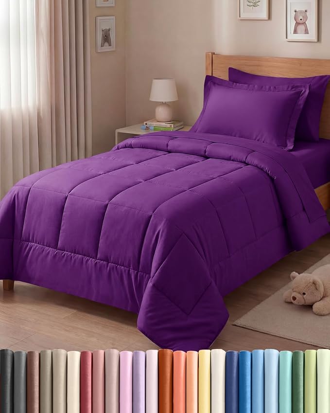 Twin Comforter Set - 5 Piece Bed in a Bag Twin Size Bed Set - Down Alternative Comforter, Flat Sheet, Fitted Sheet, Pillowcase & Sham for All Seasons - Ultra Soft, Cozy, Comfy & Breathable - Purple