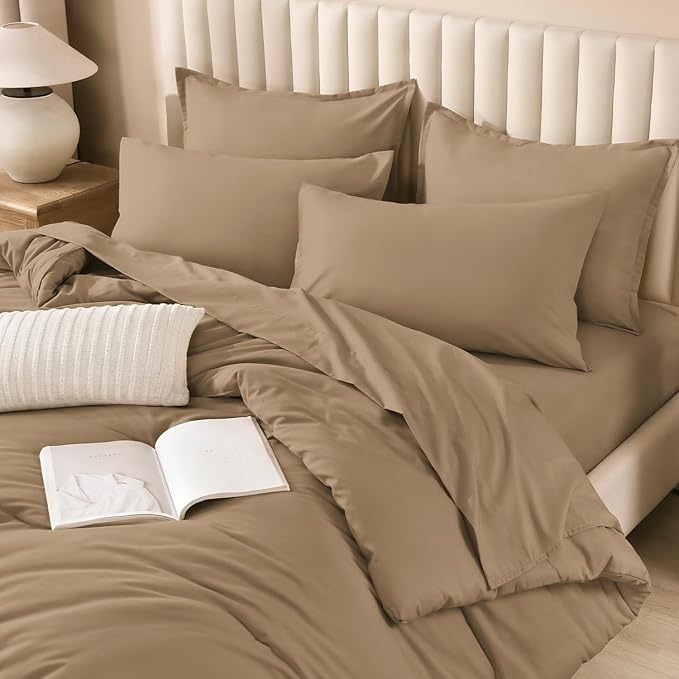 Litanika King Size Comforter Set Taupe - 7 Pieces Bed in a Bag King Bedding Comforter Sets, Solid Lightweight Bed Set with Comforter, Sheets, Pillowcases & Shams