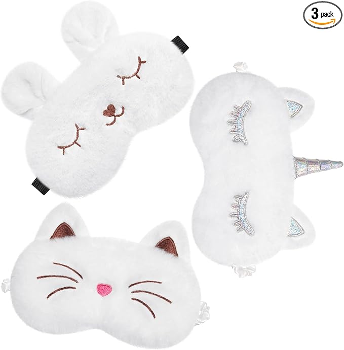 Geyoga 3 Pcs Sleep Mask for Kids, Girls Plush Sleeping Eye Cover Soft Eye Blindfold Cover Animal Shade for Kids(White,Cat and Unicorn Style, White)