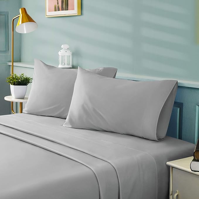 BYSURE Hotel Luxury Bed Sheets Set 4 Pieces(Twin, Light Gray) - Super Soft 1800 Thread Count 100% Microfiber Sheets with Deep Pockets, Wrinkle & Fade Resistant