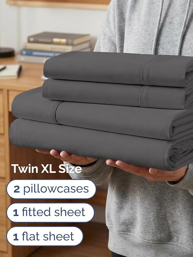 Extra Deep Twin XL Sheet Set - 4 Piece Breathable and Cooling Sheets - Hotel Luxury Bedding for Women, Men, Kids & Teens - Easy & Secure Fit - Soft, Wrinkle Free and Comfy - Extra Deep Pockets - Grey