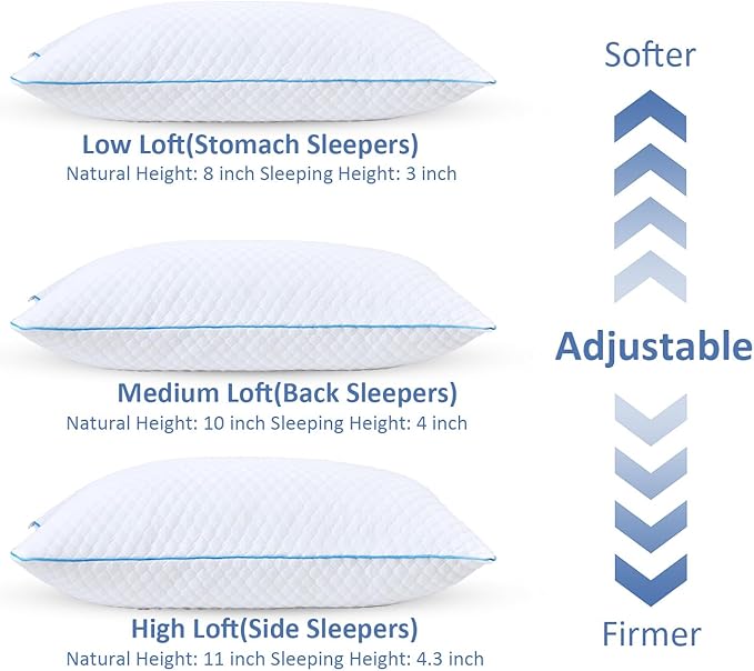 Shredded Memory Foam Pillows for Sleeping 2 Pack - Cooling Bed Pillows King Size Set of 2 - Firm Pillow for Side and Back Sleepers Adjustable Gel Pillow with Removable Cover