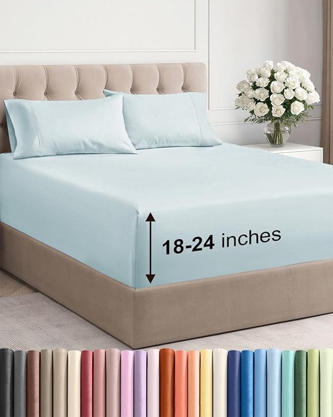 Extra Deep Queen Sheet Set - 4 Piece Breathable & Cooling Bed Sheets - Easily Fits 18 to 24 inch Mattress - Ultra Soft, Wrinkle & Fade Free with Extra Deep Pockets - Hotel Luxury Bedding - Ice Blue