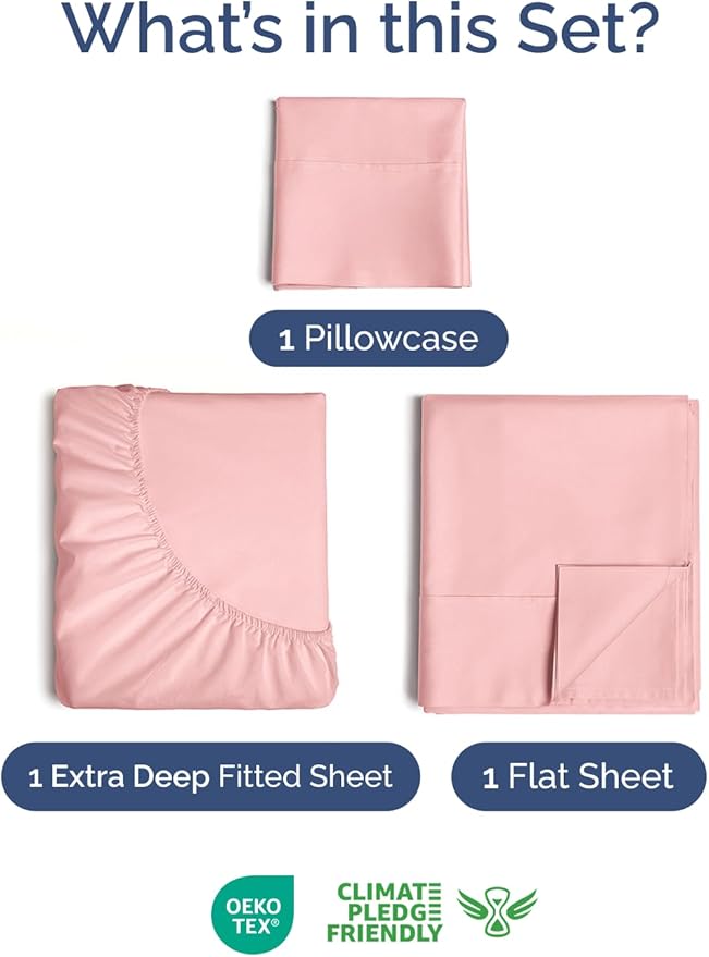 Extra Deep Twin Sheet Set - 3 Piece Breathable & Cooling Bed Sheets - Easily Fits 18 to 24 inch Mattress - Ultra Soft, Wrinkle & Fade Free with Extra Deep Pockets - Hotel Luxury Bedding - Baby Pink