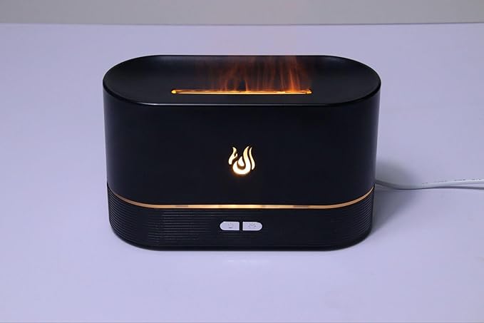 Flame Effect Essential Oil Diffuser, Black, LED Mood Light, 2-Button Control