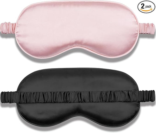 Amrules Sleep Mask Set of 2, Adjustable Silk Eye Mask for Sleeping, Soft Sleeping Eye Shade Cover for Women, Good for Blocking Light, Reducing Puffiness, Enhancing Sleep Quality (Blush Pink & Black)