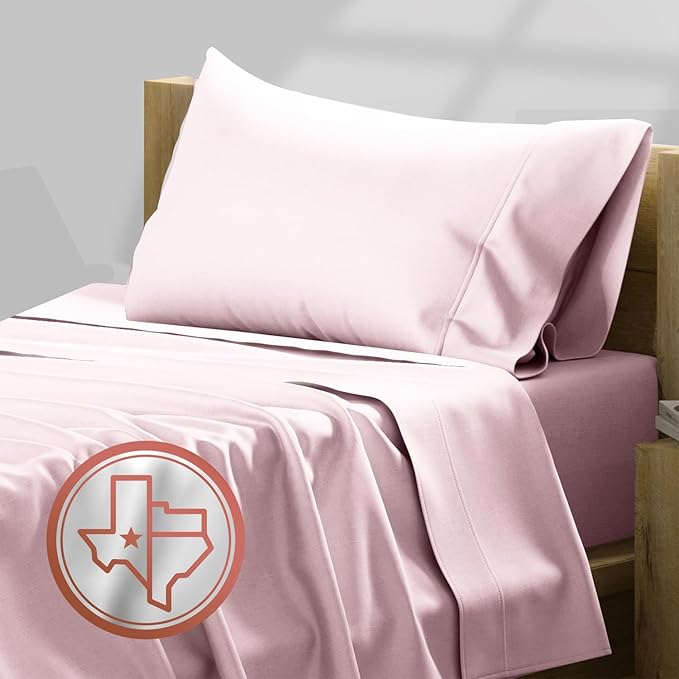TEXAS LINEN CO. 100% Egyptian Cotton Sheets - Texan Talkin' Collection 600 Series 3 PC Twin XL Sheet Set (Blush), Soft, Cooling, Sateen Weave, Extra Long Staple Luxury Bedding, 16" Deep Pocket