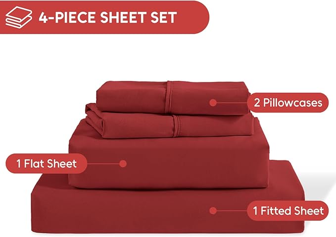 Full Size Bed Sheets Set, 4 Pieces Hotel Luxury Soft Microfiber Bed Sheets Set, Up to 16" Deep Pockets, Oeko-Tex Sheets with Elastic, Breathable, Wrinkle Free (Wine Red, Full)