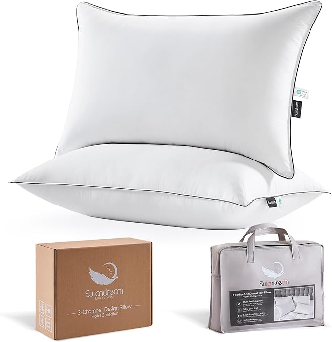 Goose Feather and Down Bed Pillows Queen Size Set of 2, Luxury 3-Chamber Pillows with Soft & Down-Proof Cover, Fluffy Plush Hotel Bed Pillows for Side, Back & Stomach Sleepers