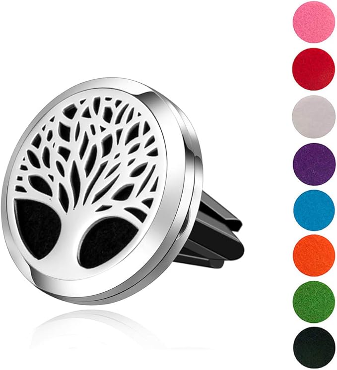 Wild Essentials Tree of Life Car Vent Diffuser Kit – 316L Stainless Steel Locket, Rubber-Coated 4-Way Clip, 8 Color Pads (22mm), 25mm – Includes Alert & Inner Calm (2 x 10ml)
