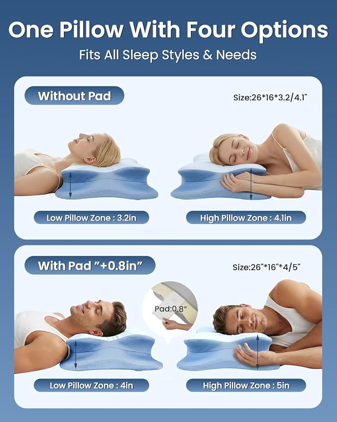 Cervical Pillow for Neck Pain Relief, 4-Height Adjustable Oeko-TEX Memory Foam Contour Pillow for Sleeping, Ergonomic Orthopedic Cooling Neck Pillow for Side Back Stomach Sleepers, Arm Support
