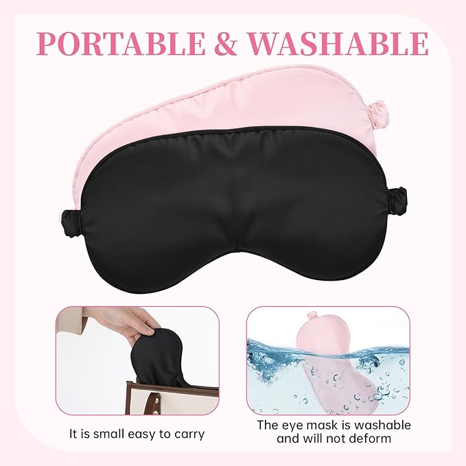Jeffdad Sleep Mask, 2 Pack Silk Cover Eye Contour Zero Pressure Blindfold with Adjustable Eye Sleep Shade Covers, for Night Sleeping, Travel, Nap（Black, Pink）