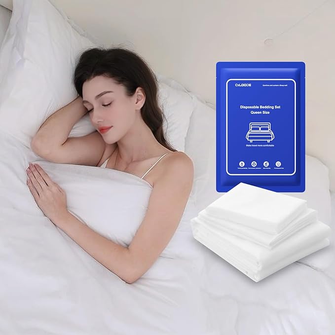 Disposable Bed Sheet Queen Size, Disposable Sheet for Travel, 4 PCS Disposable Sheets with Quilt Cover and Pillowcase,Travel Sheet for Hotel Travel Essentials for Business Trip, Cruise,Camping,SPA