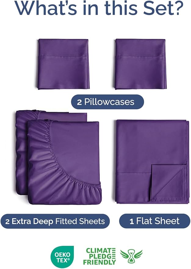 Extra Deep Split King Sheet Set - 5 Piece Breathable & Cooling Bed Sheets - Easily Fits 18 to 24 inch Mattress - Ultra Soft, Wrinkle & Fade Free w/ Extra Deep Pockets - Hotel Luxury Bedding - Purple